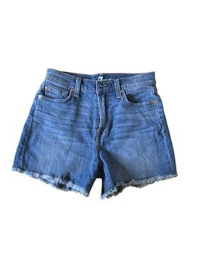 7 For All Mankind Blue Denim Frayed Hem Shorts